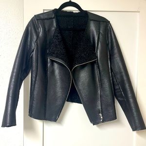Women’s reversible vegan leather biker jacket.